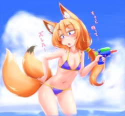Rule 34 | :o, adjusting clothes, adjusting swimsuit, animal ears, bad id, bad pixiv id, bella1202, bikini, blonde hair, blue eyes, blush, cameltoe, fang, flat chest, fox ears, fox tail, hairband, highres, multiple tails, original, swimsuit, tail, two tails, water gun