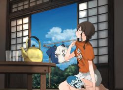 Rule 34 | 1girl, annin musou, bad id, bad twitter id, blush, braid, brown eyes, brown hair, clothes writing, cup, day, drinking glass, hair between eyes, hand fan, holding, holding fan, indoors, kantai collection, kettle, orange shirt, paper fan, pleated skirt, shirt, short hair, short sleeves, single braid, skirt, solo, souya (kancolle), uchiwa, white skirt
