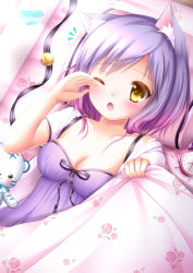 Rule 34 | 1girl, animal ear fluff, animal ears, bare arms, bell, blush, breasts, cat ears, cleavage, clock, floral print, highres, jingle bell, medium breasts, one eye closed, open mouth, original, purple hair, shitou, short hair, sleeveless, solo, stuffed animal, stuffed toy, tears, under covers, wince, wink, yawning, yellow eyes