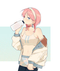 Rule 34 | 1girl, arknights, black pantyhose, blue background, blue eyes, blue poison (arknights), blue poison (shoal beat) (arknights), bottle, braid, breasts, choker, coldcat., collarbone, commentary request, cowboy shot, drinking, earrings, hand up, headband, highres, holding, holding bottle, jacket, jewelry, long hair, long sleeves, looking at viewer, medium breasts, midriff, navel, off shoulder, official alternate costume, pantyhose, pink choker, pink hair, profile, shorts, sideways glance, solo, sports bra, stud earrings, sweat, twin braids, water bottle, white background, white headband, white jacket, white sports bra