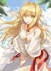 Rule 34 | 10s, 1girl, absurdres, ahoge, beach, blonde hair, breasts, cleavage, day, detached sleeves, dutch angle, earrings, fate/extra, fate (series), floating hair, green eyes, hair ribbon, highres, hino hinako, jewelry, long hair, medium breasts, nero claudius (fate), nero claudius (fate) (all), nero claudius (swimsuit caster) (fate), nero claudius (swimsuit caster) (third ascension) (fate), open mouth, outdoors, ribbon, solo, standing, tree, very long hair, white ribbon