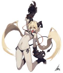 Rule 34 | 1girl, :d, animal hands, arm up, artist name, bare shoulders, black hair, black panties, blonde hair, breasts, breasts apart, claws, commentary request, demon girl, full body, hair between eyes, horizontal pupils, horns, lansane, long hair, long tongue, looking at viewer, low twintails, medium breasts, navel, o-ring, o-ring top, open mouth, original, pale skin, panties, pointy ears, side-tie panties, signature, simple background, smile, solo, stomach, tail, tongue, tongue out, twintails, underwear, very long hair, white background, yellow eyes