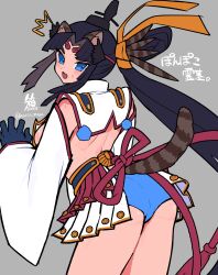 Rule 34 | 1girl, animal ears, armor, ass, black hair, blue eyes, blue panties, breast curtains, breasts, detached sleeves, fate/grand order, fate (series), feather hair ornament, feathers, gloves, hacco mayu, hair bun, hair ornament, hat, highres, japanese armor, long hair, looking at viewer, looking back, medium breasts, open mouth, panties, parted bangs, raccoon ears, raccoon tail, side ponytail, sidelocks, single side bun, solo, tail, thighs, underwear, ushiwakamaru (fate), very long hair, wide sleeves