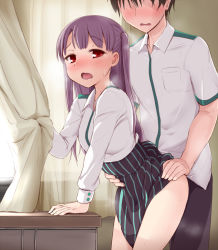 Rule 34 | 1boy, 1girl, arm support, ayase rin (raramagi), blush, clothed sex, curtain grab, curtains, hands on another&#039;s hips, hetero, implied sex, indoors, kuase, leaning, long hair, no eyes, purple hair, raramagi, red eyes, sex, sweat, wavy mouth, window