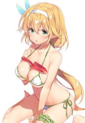Rule 34 | 1girl, bare arms, bare shoulders, bikini, blonde hair, blush, breasts, character request, cleavage, collarbone, commentary request, copyright request, green eyes, hair between eyes, hair ornament, hairband, large breasts, long hair, looking at viewer, navel, parted lips, pointy ears, shovel, side-tie bikini bottom, simple background, sitting, solo, swimsuit, white background, white hairband, yuuki hagure