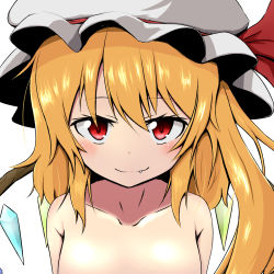 Rule 34 | 1girl, alternate breast size, blush, body blush, breasts, collarbone, commentary request, eyelashes, eyes visible through hair, fang, flandre scarlet, gem, hat, hat ribbon, highres, ikusu (ikustasy), light blush, looking at viewer, medium breasts, medium hair, mob cap, open mouth, orange hair, out-of-frame censoring, red eyes, red ribbon, ribbon, shiny skin, side ponytail, simple background, smile, solo, touhou, upper body, white background, white hat, wings