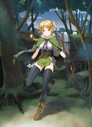 Rule 34 | 1girl, arrow (projectile), black gloves, blonde hair, boots, bow (weapon), braid, breasts, brown footwear, cape, commentary request, day, elf, forest, gloves, green cape, green eyes, hair ornament, highres, holding, holding bow (weapon), holding weapon, knee up, large breasts, long hair, looking at viewer, nature, nonderi, original, outdoors, pointy ears, smile, solo, standing, standing on one leg, stone, thighhighs, tongue, tongue out, tree, water, waterfall, weapon