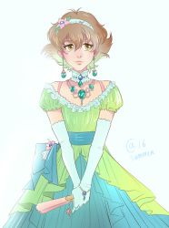 Rule 34 | 1girl, androgynous, autumn-sacura, bead bracelet, beads, bra strap, bracelet, brown hair, choker, dress, earrings, elbow gloves, flat chest, flower, folding fan, gloves, green dress, green eyes, green gloves, hair flower, hair ornament, hairband, hand fan, hyakujuu-ou golion, jewelry, katie holt, light, looking to the side, necklace, pidge gunderson, short hair, solo, voltron: legendary defender, voltron (series)