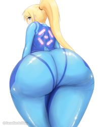 Rule 34 | 1girl, absurdres, artist name, ass, ass focus, blonde hair, blue bodysuit, blue eyes, bodysuit, canadiananiguy, from behind, highres, huge ass, long hair, looking at viewer, looking back, metroid, nintendo, samus aran, solo, thick thighs, thighs, white background, wide hips, zero suit