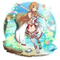 Rule 34 | 1girl, armor, asuna (sao), bikini, bikini armor, boots, breasts, brown eyes, brown hair, cape, cleavage, closed mouth, detached sleeves, floating hair, full body, gauntlets, highres, holding, holding sword, holding weapon, knee boots, leaning forward, long hair, looking at viewer, medium breasts, official art, red bikini, smile, solo, sparkle, swimsuit, sword, sword art online, thighhighs, transparent background, very long hair, waist cape, weapon, white bikini, white cape, white sleeves, white thighhighs