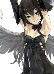 Rule 34 | 1girl, armpits, arms up, bare shoulders, black dress, black hair, bow, brown eyes, choker, detached sleeves, dress, feathered wings, feathers, grin, leather, looking at viewer, nil, original, short hair, smile, solo, wings, zipper