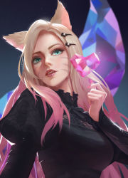 Rule 34 | 1girl, ahri (league of legends), animal ears, bad id, bad pixiv id, black neckwear, blonde hair, facial mark, fingernails, floating, fox ears, fox girl, fox tail, frills, gem, green eyes, hair ornament, hairclip, heart, highres, league of legends, long fingernails, multicolored hair, nail polish, parted lips, pink hair, pink nails, puffy sleeves, solo, tail, the baddest ahri, upper body, whisker markings, wifc