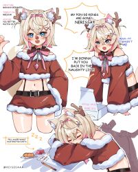 Rule 34 | 1other, absurdres, anger vein, animal costume, animal ear fluff, animal ears, belt, blanket, blonde hair, blush, bow, bowtie, collar, cropped shirt, dog ears, dog girl, dog tail, doughnut, english text, fang, fangs, food, fur-trimmed shirt, fur-trimmed shorts, fur trim, hair between eyes, hair ornament, highres, hololive, hololive english, keisea, long sleeves, medium hair, mococo abyssgard, multicolored hair, navel, off-shoulder shirt, off shoulder, open mouth, pencil, pink hair, pink nails, pon de ring, red bow, red bowtie, red shirt, red shorts, reindeer costume, shirt, short shorts, shorts, skin fang, skin fangs, sleeping, smile, streaked hair, suspenders, tail, two side up, virtual youtuber, white background, x hair ornament, zzz