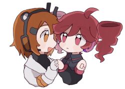 2girls :&lt; :d a.i._voice adachi_rei agyo_(ikayaki5252) ahoge black_sleeves closed_mouth detached_sleeves drill_hair eye_contact gloves headlamp headset holding_hands interlocked_fingers jacket kasane_teto long_sleeves looking_at_another multiple_girls open_mouth orange_eyes orange_hair pink_eyes radio_antenna red_hair short_hair simple_background smile twin_drills utau white_background white_gloves white_jacket