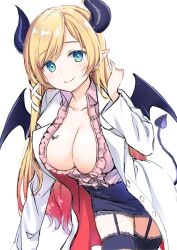 Rule 34 | 1girl, black horns, blonde hair, breast tattoo, breasts, cleavage, demon girl, green eyes, highres, hololive, horns, lab coat, large breasts, long hair, looking at viewer, pointy ears, simple background, solo, tattoo, virtual youtuber, white background, yuuki hagure, yuzuki choco, yuzuki choco (1st costume)