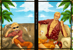 Rule 34 | 1boy, abs, aged down, bad id, bad pixiv id, blonde hair, child, cigarette, collarbone, couch, donquixote doflamingo, dual persona, glass, juice, male focus, multiple persona, muscular, ocean, one piece, open clothes, open shirt, palm tree, pirate, shirt, short hair, sitting, skytravels, smile, smoking, solo, spread legs, sunglasses, tree, watermark