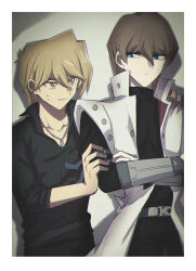 Rule 34 | 2boys, absurdres, arm around shoulder, belt, black shirt, blonde hair, blue eyes, blue necktie, border, brown eyes, brown hair, coat, collarbone, collared shirt, crossed arms, hair between eyes, hand on another&#039;s arm, height difference, high collar, highres, jewelry, jonouchi katsuya, kaiba seto, long sleeves, looking at another, looking at viewer, male focus, multiple boys, necklace, necktie, one eye closed, open clothes, open coat, saito0614, shirt, short hair, sleeveless, sleeveless coat, smile, standing, sweatdrop, upper body, v, white border, white coat, white shirt, yu-gi-oh!, yu-gi-oh! duel monsters