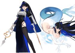 Rule 34 | 1girl, black hair, blue eyes, blue hair, blunt bangs, blunt ends, breasts, cleavage, eus ing, fangs, feet out of frame, habit, hair intakes, highres, hololive, hololive english, large breasts, long hair, looking at viewer, mermaid, monster girl, multicolored hair, multiple views, nun, open mouth, ouro kronii, simple background, teeth, thighhighs, two-tone hair, virtual youtuber, white background