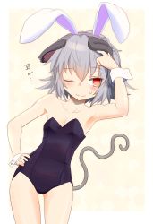 Rule 34 | 1girl, animal ears, bare shoulders, blush, rabbit ears, collarbone, fake animal ears, grey hair, highres, ishikkoro, looking to the side, mouse ears, mouse tail, nazrin, one eye closed, playboy bunny, red eyes, short hair, simple background, solo, sweatdrop, tail, text focus, touhou, wavy mouth, wrist cuffs