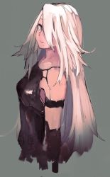 Rule 34 | 1girl, android, armpits, bare shoulders, blue eyes, breasts, closed mouth, collarbone, cropped torso, ea kon, expressionless, eyelashes, facing away, green background, hair over one eye, head tilt, joints, long hair, looking at viewer, mole, mole under mouth, nier (series), nier:automata, robot joints, shaft look, simple background, small breasts, solo, standing, straight hair, tsurime, very long hair, white hair, a2 (nier:automata)