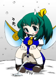 1girl anus blue_dress blush breasts brown_footwear daiyousei dress fairy fairy_wings frozen green_eyes green_hair grey_sky hair_ribbon hands_on_own_knees ice lkagami long_hair looking_down mary_janes medium_breasts necktie open_mouth panties panty_pull peeing ponytail puddle puffy_sleeves pussy ribbon shirt shoes short_sleeves side_ponytail sky sleeveless sleeveless_dress snow socks squatting surprised sweatdrop touhou underwear white_panties white_shirt white_socks wings yellow_necktie yellow_ribbon