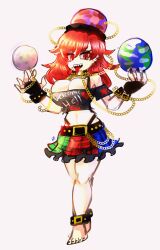 Rule 34 | 1girl, barefoot, breasts, cleavage, emerald kitty, fingerless gloves, gloves, hecatia lapislazuli, highres, large breasts, looking at viewer, midriff, piercing, red eyes, red hair, sharp teeth, solo, teeth, tongue, tongue out, tongue piercing, touhou