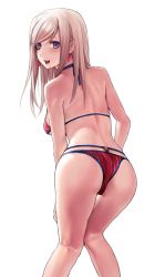 Rule 34 | 1girl, american flag bikini, applekun, ass, back, bikini, blonde hair, blue eyes, blush, breasts, earrings, fate/grand order, fate (series), feet out of frame, flag print, from behind, hair down, halterneck, highres, jewelry, legs, looking at viewer, looking back, miyamoto musashi, miyamoto musashi (swimsuit berserker) (second ascension) (fate), open mouth, simple background, smile, solo, straight hair, string bikini, swept bangs, swimsuit, thighs, white background
