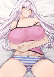 Rule 34 | 1girl, bed, blush, breasts, character request, closed eyes, copyright request, dura, highres, large breasts, long hair, open mouth, panties, pink shirt, shirt, sleeping, strap slip, striped clothes, striped panties, underwear, white hair