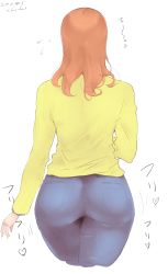Rule 34 | 1girl, absurdres, ass, blue pants, casual, commentary, cowboy shot, cropped legs, dated, denim, facing away, flying sweatdrops, from behind, girls und panzer, heart, highres, jeans, long sleeves, medium hair, mature female, motion lines, orange hair, pants, shirt, simple background, solo, standing, takebe saori, tamamf, translated, twitter username, white background, yellow shirt