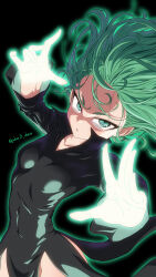 Rule 34 | 1girl, absurdres, aura, black background, black dress, breasts, curly hair, dress, flipped hair, floating, floating clothes, green eyes, green hair, highres, joker d chaos, levitation, long sleeves, looking at viewer, no panties, one-punch man, petite, side slit, simple background, small breasts, solo, tatsumaki, telekinesis