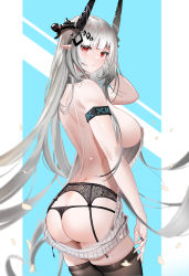 Rule 34 | 1girl, absurdres, alternate costume, arknights, ass, back, backless outfit, black panties, black thighhighs, blush, breasts, butt crack, chinese commentary, cowboy shot, demon horns, female focus, from side, garter belt, garter straps, grey hair, grey sweater, hand in own hair, highres, horns, infection monitor (arknights), jewelry, large breasts, blue background, long hair, looking at viewer, meme attire, mudrock (arknights), no bra, panties, parted lips, petals, pinky ring, pointy ears, red eyes, ribbed sweater, ring, sabou san-shitsu kokoro, sideboob, simple background, solo, standing, sweater, thighhighs, thong, underwear, very long hair, virgin killer sweater, wind
