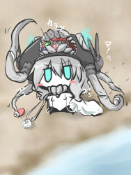 Rule 34 | 10s, 1girl, abyssal ship, aqua eyes, bag, beach, blush stickers, chibi, clamps, goma (gomasamune), hat, jitome, kantai collection, open mouth, picking trash, silver hair, solo, tongs, trash, wo-class aircraft carrier