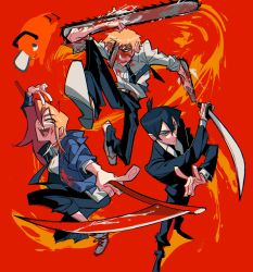 Rule 34 | 1girl, 2boys, arm up, black hair, black necktie, black pants, blonde hair, blood, blood on clothes, blood on face, blue jacket, breasts, chainsaw, chainsaw man, closed mouth, collared shirt, commentary, demon horns, denji (chainsaw man), fox shadow puppet, full body, hair between eyes, hayakawa aki, highres, holding, holding scythe, holding sword, holding weapon, horns, jacket, long hair, long sleeves, looking at viewer, min (minthaver), multiple boys, necktie, open clothes, open jacket, open mouth, orange eyes, pants, pochita (chainsaw man), ponytail, power (chainsaw man), red background, red horns, scythe, sharp teeth, shirt, shoes, short hair, simple background, smile, standing, sword, symbol-only commentary, teeth, v, weapon, white footwear, white shirt