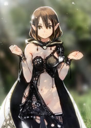 Rule 34 | 1girl, absurdres, black hair, blurry, breasts, brown eyes, cleavage, cloak, convenient censoring, dappled sunlight, day, depth of field, highres, hood, hooded cloak, long hair, navel, no panties, okuto, original, outdoors, pointy ears, solo, split mouth, standing, stomach, sunlight, w arms, wrists extended, yellow eyes