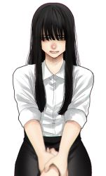 Rule 34 | 1girl, bags under eyes, black hair, black skirt, blouse, closed mouth, collared shirt, film grain, green eyes, hair over eyes, highres, hoshi san 3, jimiko, long sleeves, looking at viewer, mole, mole under mouth, office lady, original, pencil skirt, pov, pov hands, shirt, simple background, skirt, solo focus, white background, white shirt, wing collar