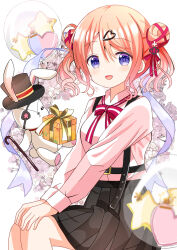 Rule 34 | 1girl, :d, absurdres, black hat, black skirt, commentary request, double bun, feet out of frame, gochuumon wa usagi desu ka?, hair between eyes, hair bun, hair ornament, hairclip, hat, heart, highres, hoto cocoa, light brown hair, long sleeves, looking at viewer, open mouth, parted bangs, pleated skirt, purple eyes, ryoutan, shirt, simple background, skirt, smile, solo, star (symbol), stuffed animal, stuffed rabbit, stuffed toy, suspender skirt, suspenders, top hat, twintails, white background, white shirt