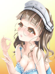 Rule 34 | 1girl, :o, blue bra, blush, bra, breasts, brown eyes, brown hair, cleavage, collarbone, commentary request, eyewear strap, glasses, headdress, jewelry, kantai collection, lace, lace-trimmed bra, lace trim, large breasts, looking up, momin, pince-nez, ring, roma (kagamimusi), roma (kancolle), short hair, solo, underwear, wedding band
