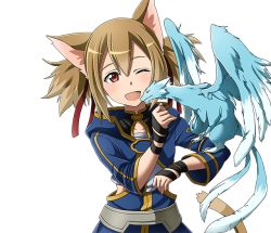 Rule 34 | 1girl, ;d, animal ears, armor, breastplate, brown hair, cat ears, cat tail, collarbone, dragon, hair between eyes, long hair, mini dragon, multiple tails, one eye closed, open mouth, pina (sao), red eyes, short twintails, silica, silica (sao-alo), smile, solo, standing, sword art online, tail, transparent background, twintails, two tails, upper body