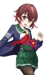 Rule 34 | 10s, 1girl, adapted costume, black pantyhose, blue jacket, brown hair, commentary request, cowboy shot, crescent, crescent pin, flower, gradient hair, green skirt, jacket, kantai collection, looking at viewer, minosu, multicolored hair, mutsuki (kancolle), neckerchief, pantyhose, pleated skirt, red eyes, red neckerchief, school uniform, serafuku, short hair, simple background, skirt, solo, standing, white background