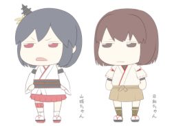 Rule 34 | 10s, 2girls, :|, black hair, bodysuit, brown eyes, brown hair, chibi, closed mouth, d:, d:&lt;, detached sleeves, female focus, flat color, geta, hair ornament, hakama, hakama skirt, hands on own hips, hyuuga (kancolle), japanese clothes, jitome, kantai collection, long sleeves, multiple girls, neko majin, nontraditional miko, open mouth, red eyes, red hakama, short hair, short sleeves, simple background, skirt, thigh strap, translation request, uniform, v-shaped eyebrows, white background, wide sleeves, yamashiro (kancolle)