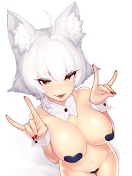 Rule 34 | 1girl, ahoge, animal ears, bare shoulders, blush, breasts, brown eyes, detached collar, dev (dev0614), double fox shadow puppet, fox ears, fox shadow puppet, fox tail, highres, large breasts, looking at viewer, maebari, multiple tails, nail polish, navel, nude, open mouth, original, pasties, red nails, solo, tail, thick eyebrows, transparent background, white hair, wrist cuffs
