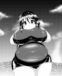 Rule 34 | 1girl, belly, blush, breasts, copyright request, fat, highres, large breasts, looking at viewer, monochrome, navel, swimsuit, thick thighs, thighs, water