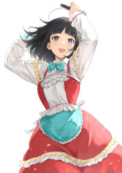 :d ahoge apron aqua_apron aqua_bow aqua_bowtie arms_up black_hair blue_eyes blunt_bangs blush bow bowtie collared_shirt dress frilled_apron frilled_dress frills highres holding holding_microphone long_sleeves looking_at_viewer microphone mole mole_on_neck nijisanji open_mouth polka_dot polka_dot_apron polka_dot_bowtie red_dress serizawa_(serizawaroom) shirt short_hair simple_background smile suspenders suzuka_utako virtual_youtuber waist_apron white_background white_shirt