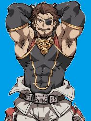 Rule 34 | 1boy, armpit hair, bara, beard, brown hair, covered abs, detached sleeves, eugen (granblue fantasy), eyepatch, facial hair, granblue fantasy, highres, large pectorals, looking at viewer, male focus, manly, muscular, pectorals, shirako (kirupi), short hair, simple background, solo, thick thighs, thighs, topless male, upper body