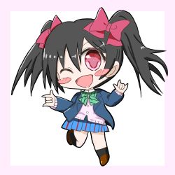 Rule 34 | 1girl, artist name, artist request, black hair, black thighhighs, blazer, blush, bow, bowtie, buttons, cardigan, chibi, double v, female focus, full body, hair bow, jacket, long sleeves, looking at viewer, love live!, love live! school idol project, one eye closed, pleated skirt, red bow, red eyes, school uniform, shadow, shirt, shoes, short hair, short twintails, skirt, solo, standing, standing on one leg, thighhighs, twintails, v, white shirt, yazawa nico, zettai ryouiki