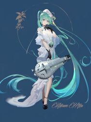 Rule 34 | 1girl, absurdly long hair, absurdres, aqua hair, bag, black footwear, black gloves, blue background, blue eyes, breasts, character name, cleavage, commentary, dress, floating hair, full body, gloves, hair between eyes, hat, hatsune miku, highres, holding, holding instrument, hurdy-gurdy, instrument, jie xiaoming, long hair, looking at viewer, medium breasts, parted lips, sleeveless, sleeveless dress, smile, solo, standing, twintails, very long hair, vocaloid, white dress, white hat
