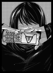 Rule 34 | 1girl, :p, breasts, cellphone, covered mouth, fingernails, glasses, greyscale, hachinuki tetsuyo, hands up, highres, holding, holding phone, jitome, light particles, long sleeves, looking at viewer, monochrome, original, phone, pixel art, pixel art inset, round eyewear, short hair, sleeves past wrists, solo, sweater, swept bangs, tongue, tongue out, upper body