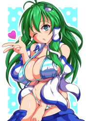 Rule 34 | 1girl, bikini, blowing kiss, breasts, cleavage, detached sleeves, frog, frog hair ornament, green eyes, green hair, hair ornament, hair tubes, highres, kochiya sanae, large breasts, long hair, midriff, navel, nioti, nontraditional miko, one eye closed, snake, snake hair ornament, solo, swimsuit, touhou, wink