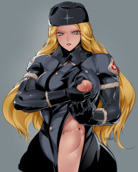 Rule 34 | 1girl, abs, black gloves, blonde hair, blue eyes, bowalia, breast sucking invitation, breasts, commentary request, dark nipples, forehead, fur hat, gloves, grey background, hat, jacket, kolin, large areolae, large breasts, long hair, long sleeves, looking at viewer, muscular, muscular female, nipples, no bra, no panties, nursing clothes, one breast out, open clothes, open jacket, out-of-frame censoring, presenting, skin tight, solo, street fighter, street fighter v, ushanka, winter clothes