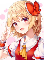 Rule 34 | 1girl, absurdres, arm up, bare arms, blonde hair, blush, breasts, fang, flandre scarlet, frills, hair ribbon, hand gesture, head tilt, highres, kimae, looking at viewer, medium hair, open mouth, puffy short sleeves, puffy sleeves, ribbon, short sleeves, small breasts, touhou